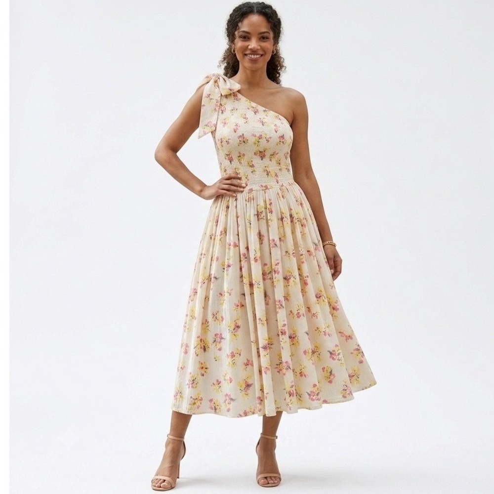 Merlette Silk Cotton Midi Dress M White Floral One Shoulder Smocked Garden Party